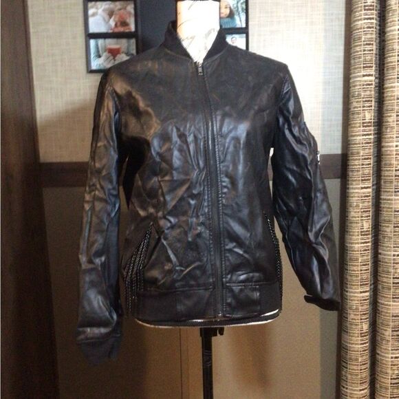 Rocawear black imitation leather jacket string of chains on back and pockets med - Picture 2 of 11